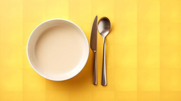 Yellow ceramic plate with a metallic knife and fork on a background of yellow tiles Generative AI