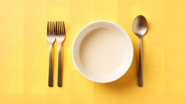 Yellow ceramic plate with a metallic knife and fork on a background of yellow tiles Generative AI