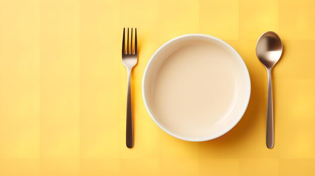 Yellow ceramic plate with a metallic knife and fork on a background of yellow tiles Generative AI