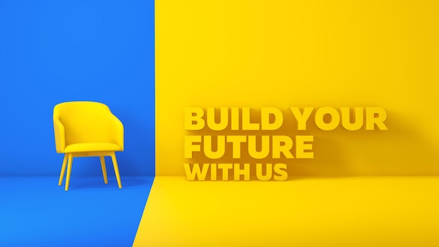 Photo yellow chair on a blue backdrop and title text build your future with us a yellow studio background
