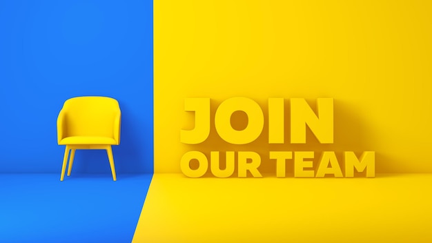 Photo yellow chair on a blue backdrop and title text join our team on a yellow studio background business