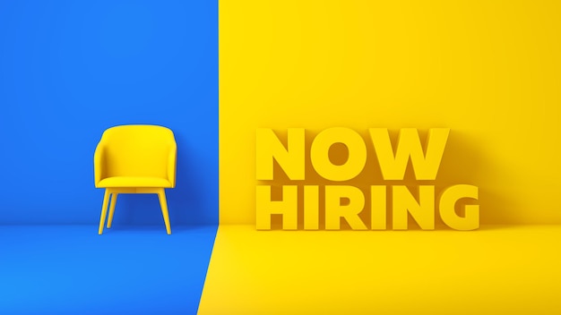 Yellow Chair on a Blue Backdrop and Title Text Now Hiring a Yellow Studio Background Business