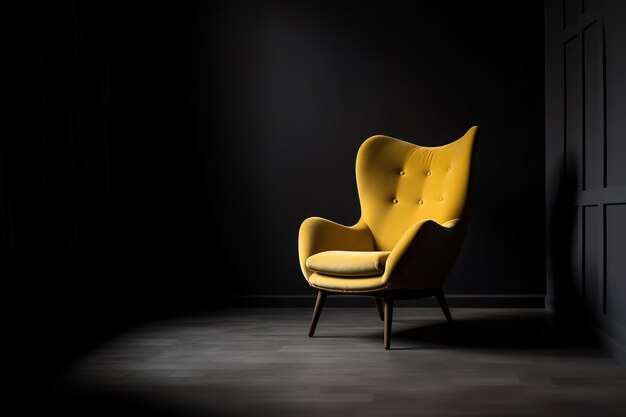 A yellow chair in a dark room with a black wall behind it.