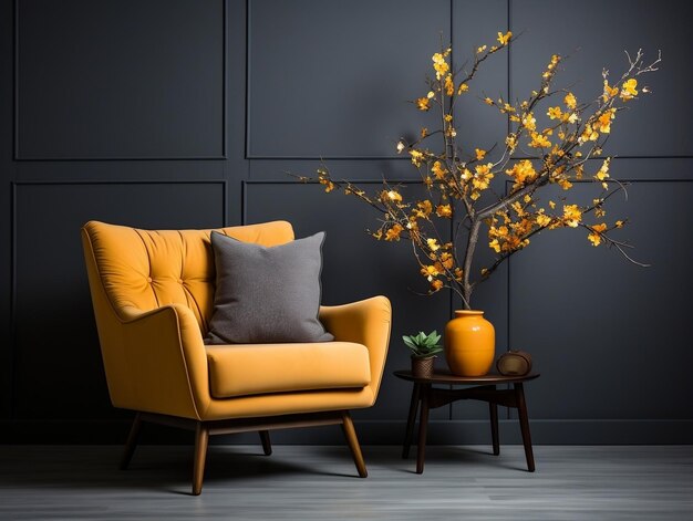 A yellow chair is in front of a gray wall with plants