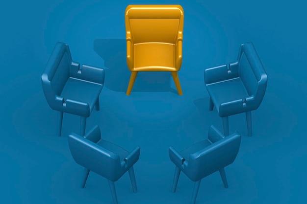 Yellow chair lead a group of blue chairs