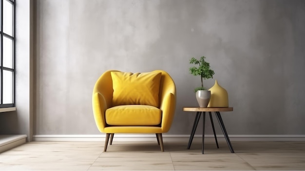 A yellow chair in a living room with a plant on the side table.