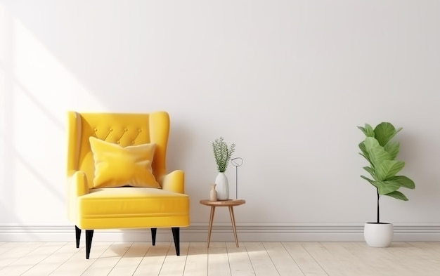 Yellow chair in a living room with a plant on the table