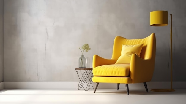Желтый стул в гостиной с небольшим столиком и вазой с цветами.