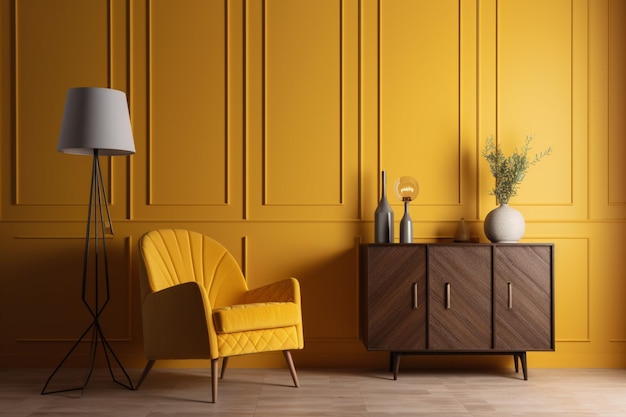 A yellow chair in a living room with a white lamp on the sideboard.