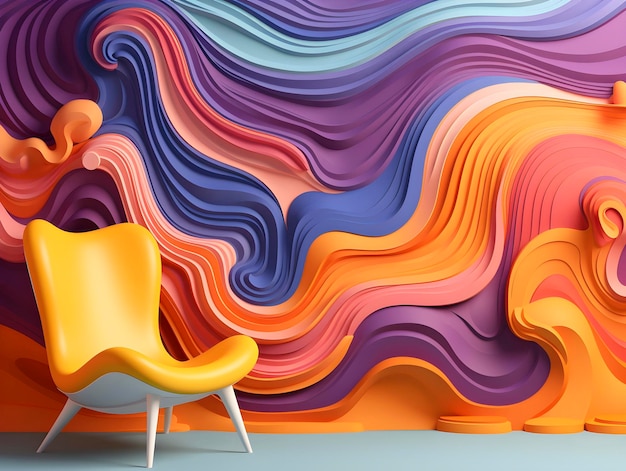 Yellow chair in a modern style on background of multicolored wallpaper