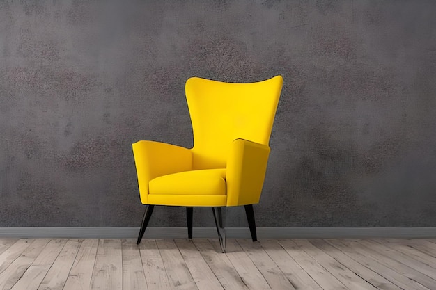 A yellow chair in a room with a gray wall behind it.