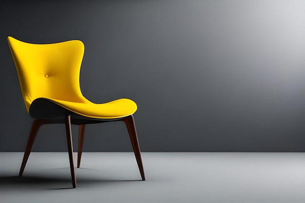 A yellow chair in a room with a grey wall.