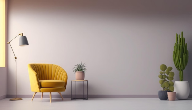 A yellow chair in a room with a plant on the table.