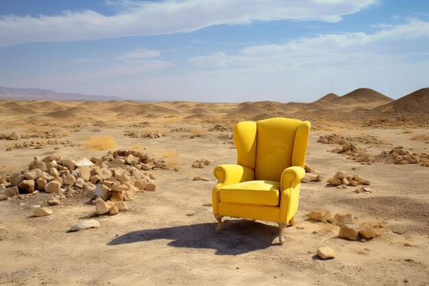 A yellow chair sits in a desert with rocks in the background.