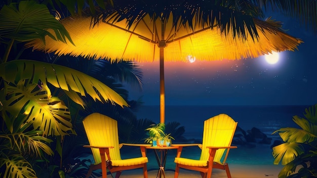 Желтый стул стоит под желтым зонтиком под пальмой.