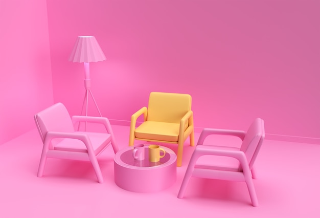 군중에서 눈에 띄는 노란색 의자. 비즈니스 개념입니다. 3D 렌더링 디자인.