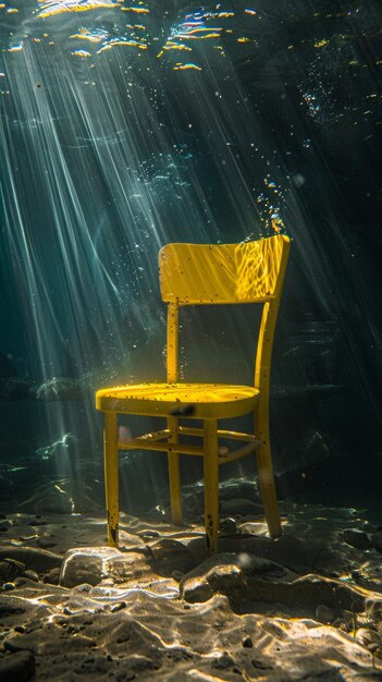 Желтый стул, погруженный в воду с лучами света.