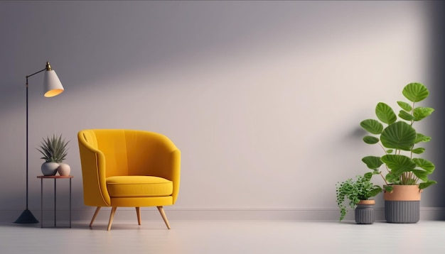 A yellow chair in a white room with a plant on the wall.