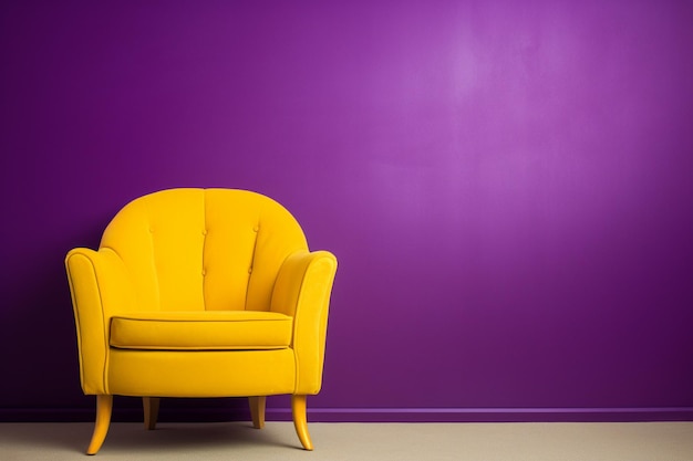 A yellow chair with a black seat in front of a purple background