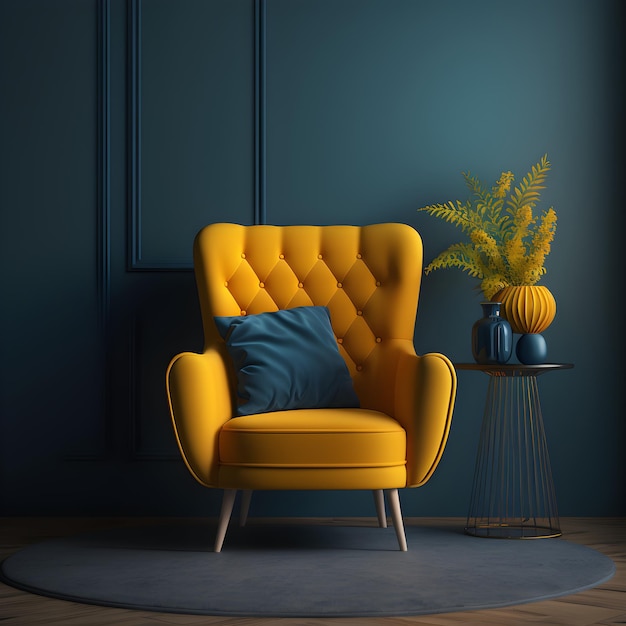A yellow chair with a blue pillow sits in a corner of a room with a plant.
