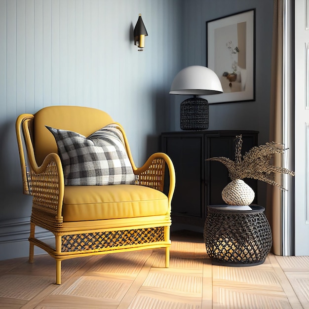 Photo a yellow chair with a pillow on it next to a lamp.