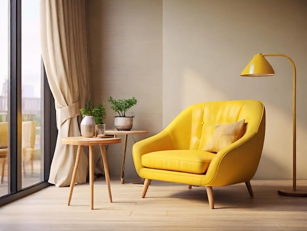 желтый стул с подушкой на нем сидит в гостиной