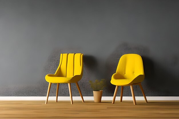 Yellow chairs in a room with a gray wall and a plant on the floor.