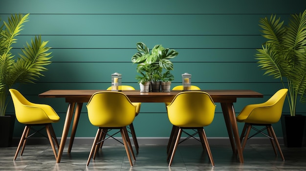 Yellow chairs and table with a green wall behind them
