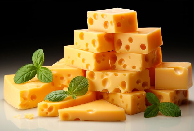 Photo yellow cheese cubes stacked in random order on a black background ai generated image