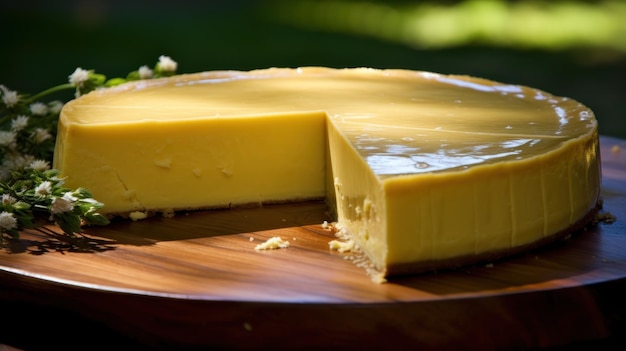 Photo a yellow cheesecake on a wooden surface