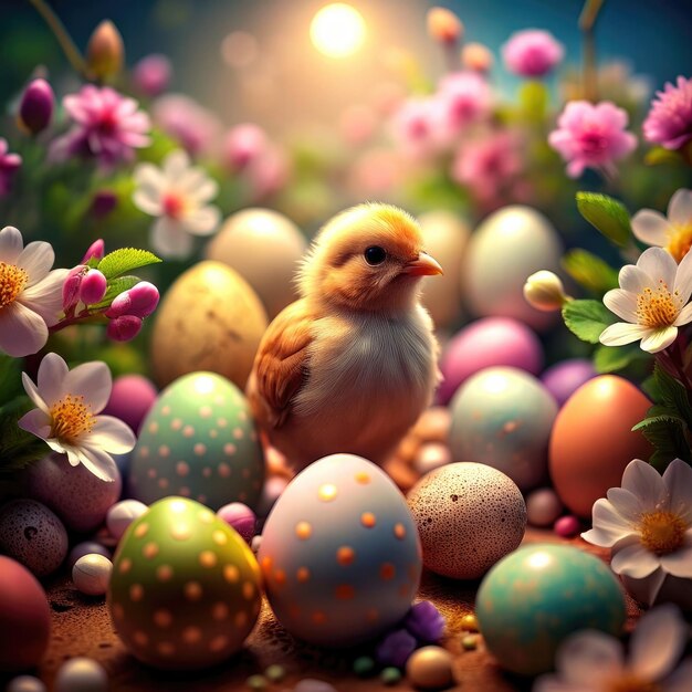 Yellow chick surrounded by eggs on spring meadow or field with green grass with flowers Easter