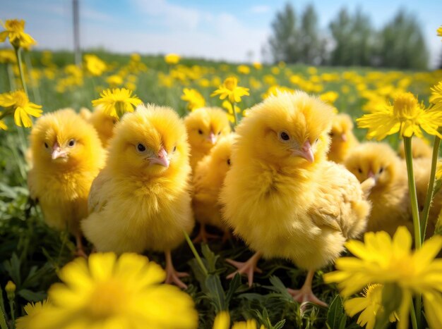 Yellow chickens in a field among yellow dandelions