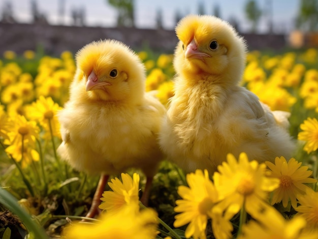 Yellow chickens in a field among yellow dandelions