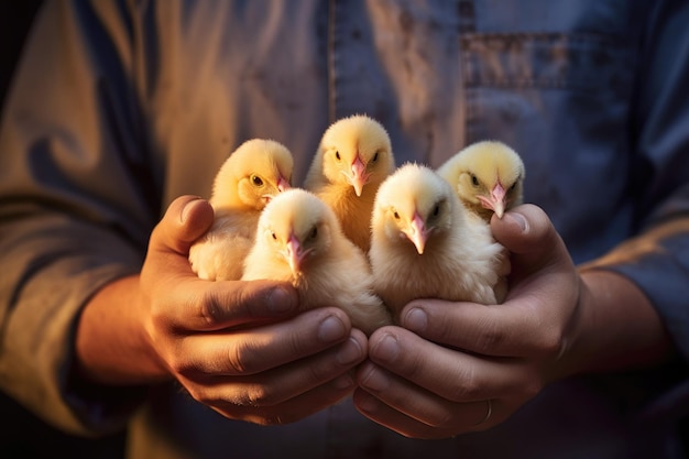 Yellow chickens in the hands of a farmer