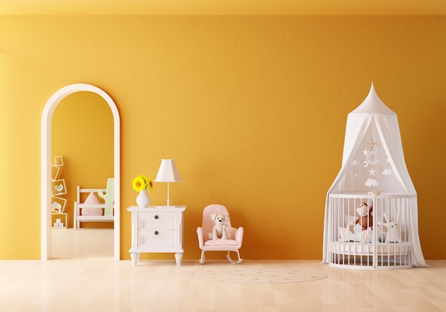 Yellow child bedroom with copy space