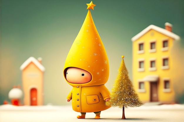 Yellow childrens cute christmas tree character walking in town