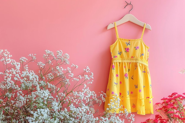 Yellow childrens summer dress hanging on a pink wall