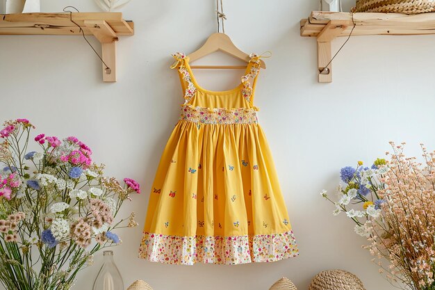 Yellow childrens summer dress hanging on a wall