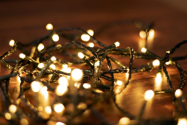 yellow Christmas lights on wood