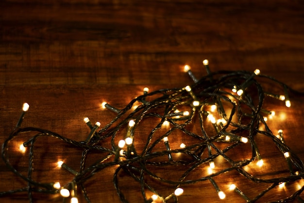 yellow Christmas lights on wood