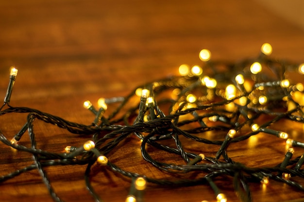 yellow Christmas lights on wood