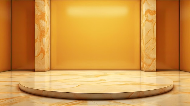 A yellow circle podium with a gold background