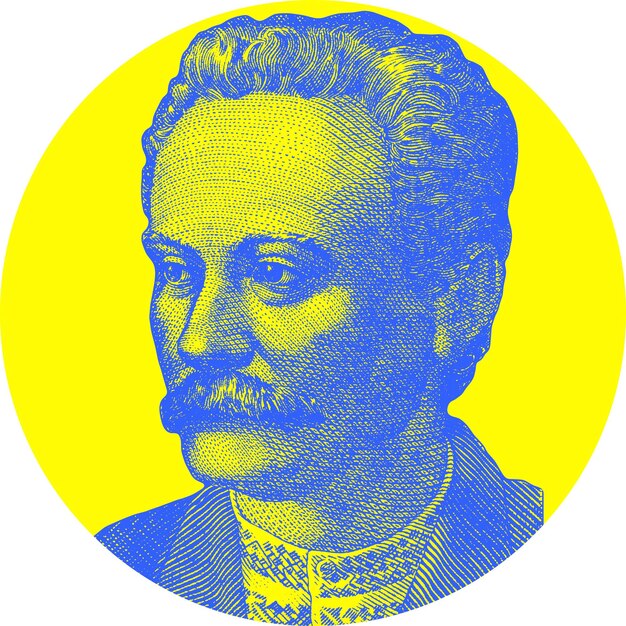 黄色の円に青と黄色の口ひげを生やした男性の肖像画。
