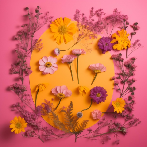 A yellow circle with flowers on it is surrounded by other flowers.