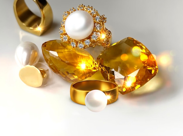 yellow citrine natural white pearl and gold rings on white background women luxury  jewelry