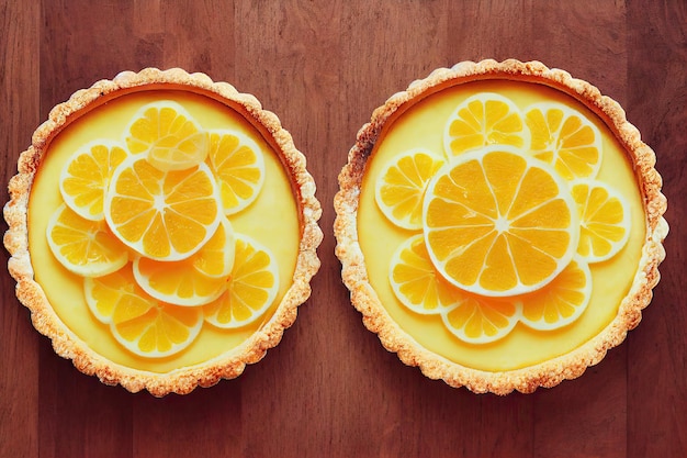 Yellow citrus lemon cake tart with cream on table