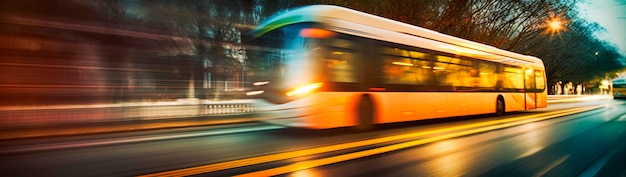 Foto l'autobus cittadino giallo va lungo la strada motion blur trasporto pubblico cittadino