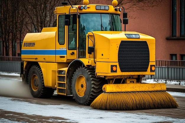 A yellow city sweeper with a round brush cleans off a road embankment