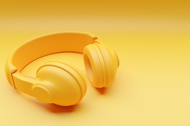 Yellow classic wireless headphones isolated 3d rendaring.  Headphone icon illustration. Audio technology.