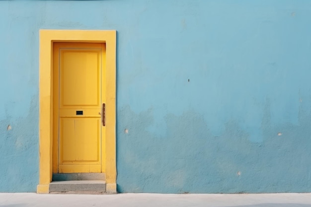 A yellow closed door on a blue wall